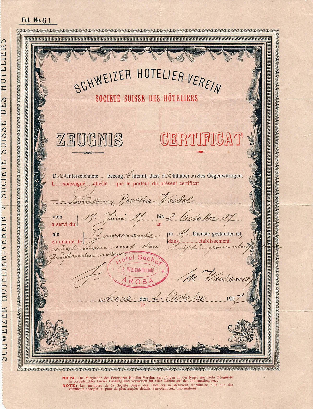 Formeel getuigschrift uit 1907 van de Zwitserse hoteliersvereniging, tweetalig gedrukt, handgeschreven ingevuld en voorzien van een rode stempel.